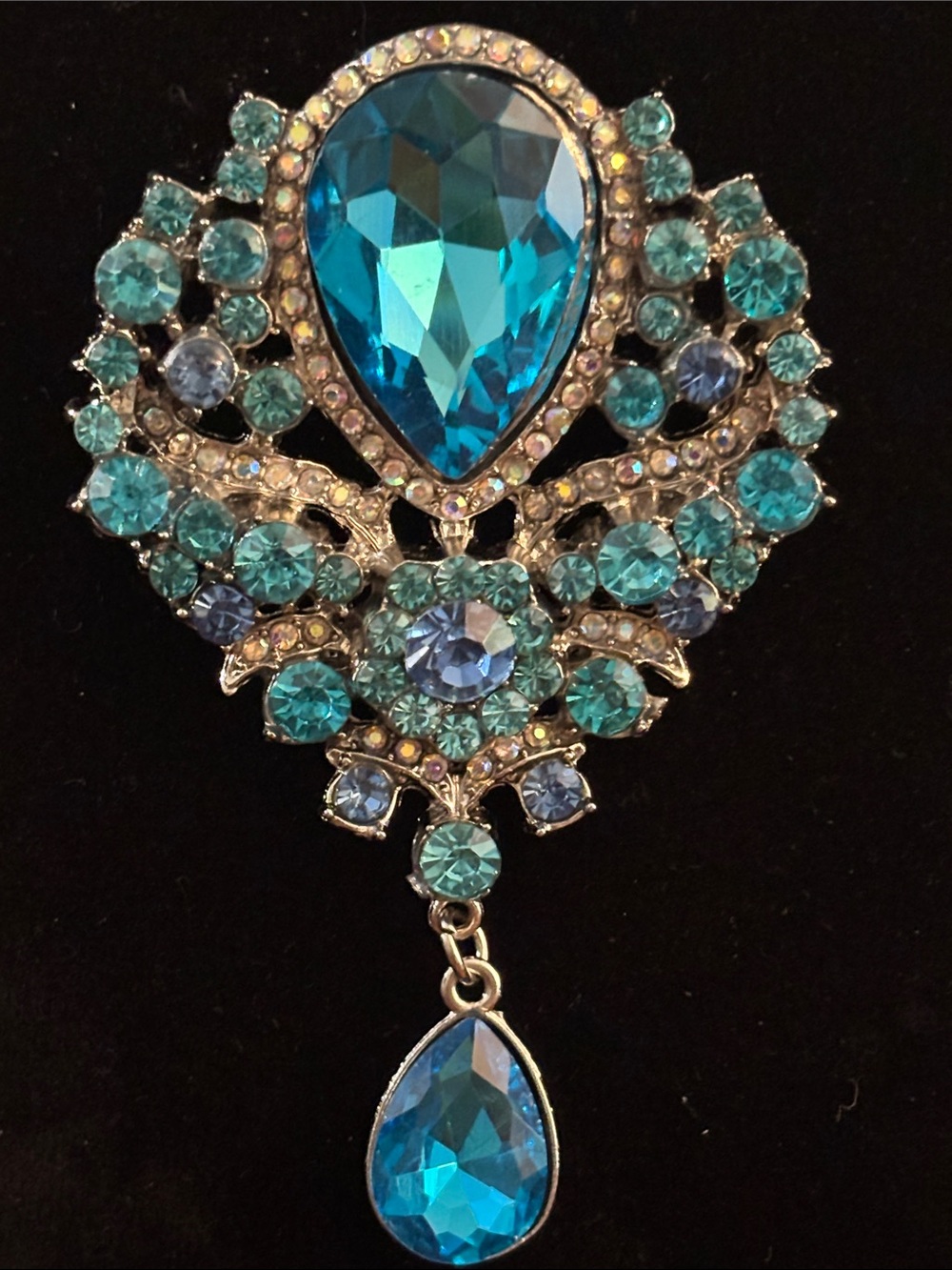 Silver-Tone Blue Teardrop Crystal Pendant Brooch